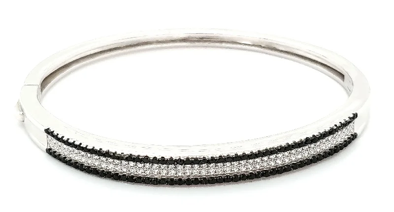 Women’s wedding bracelets-Micro Pave 925 Sterling Silver Bangle Rhodium Plating with Black and White Cubic Zirconia