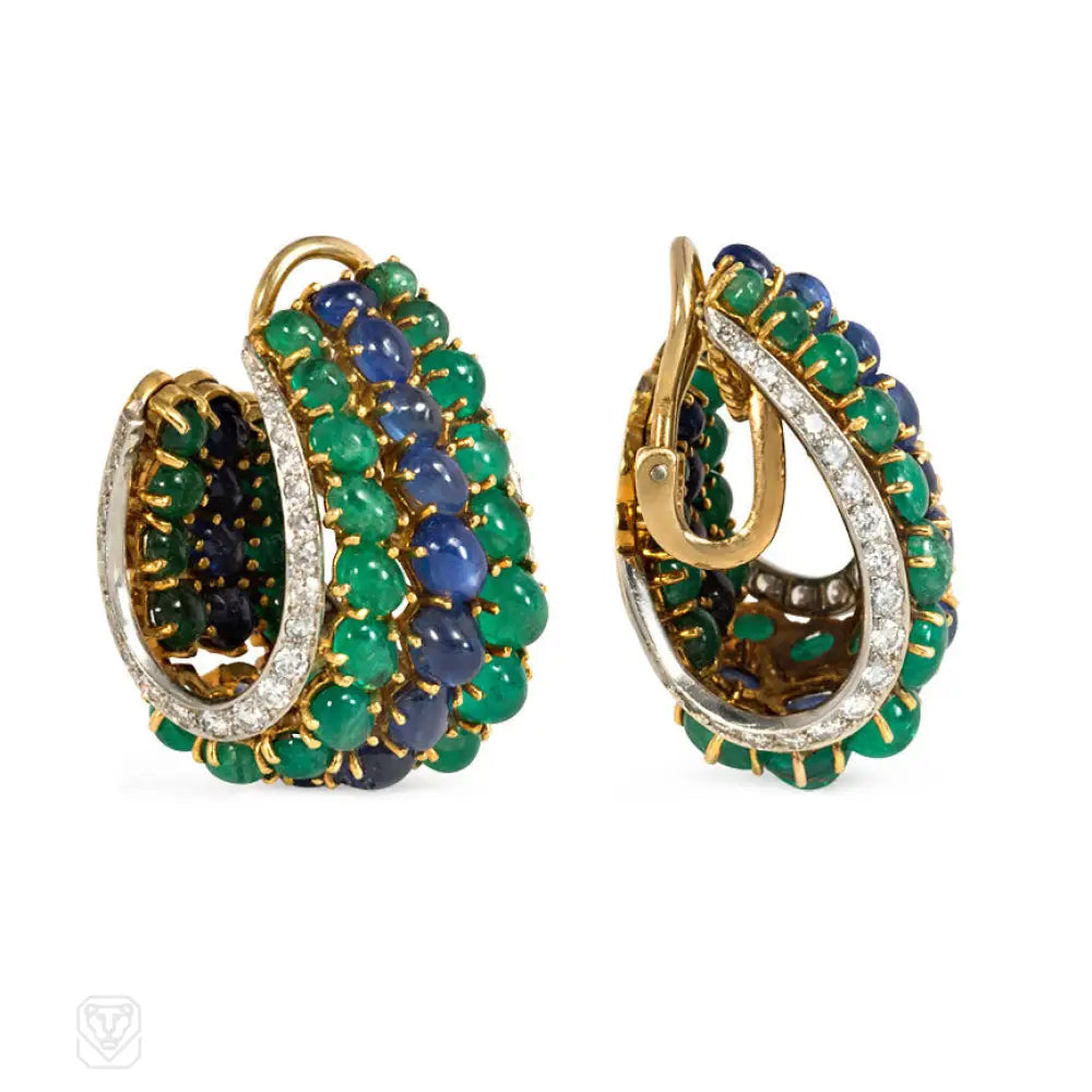 Women’s dangling diamond earrings-Emerald, sapphire, and diamond hoop earrings