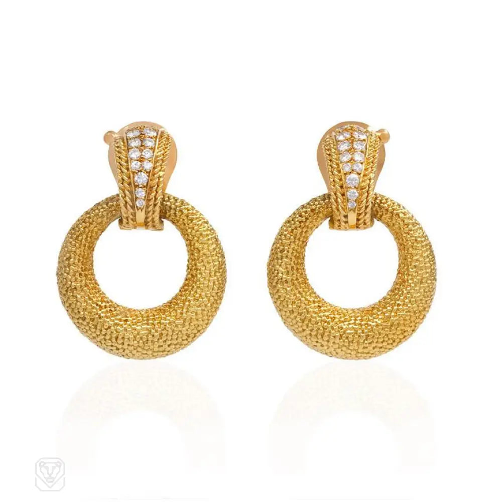 Women’s tribal earrings-Van Cleef & Arpels textured gold door-knocker hoop earrings