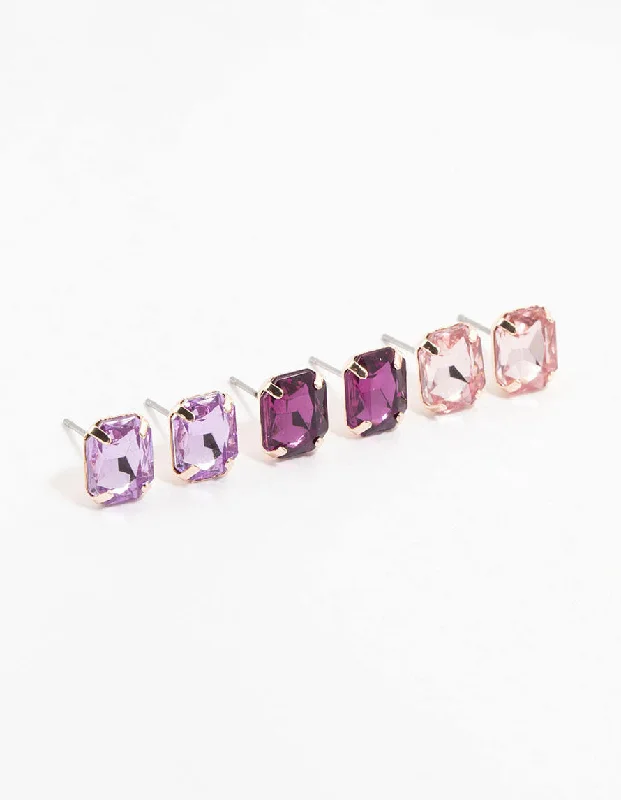 Women’s gold stud earrings-Rose Gold Rectangular Diamante Stud Earrings 3-Pack