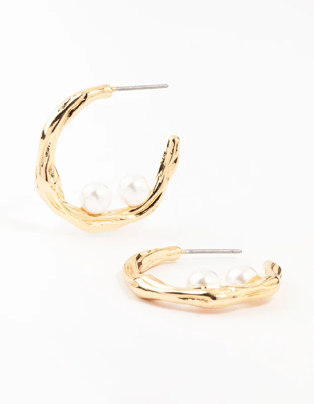 Women’s silver dangling earrings-Hammered Gold Pearl Hoop Earrings