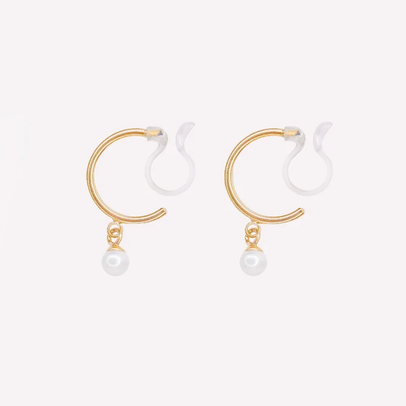 Women’s opal earrings-PEARL DANGLE HUGGIE HOOP CLIP-ON EARRINGS IN GOLD