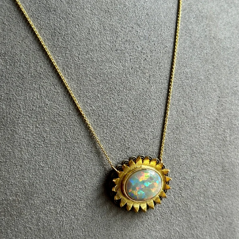 Women’s diamond halo pendant necklaces-Art Deco Opal Sunflower Necklace