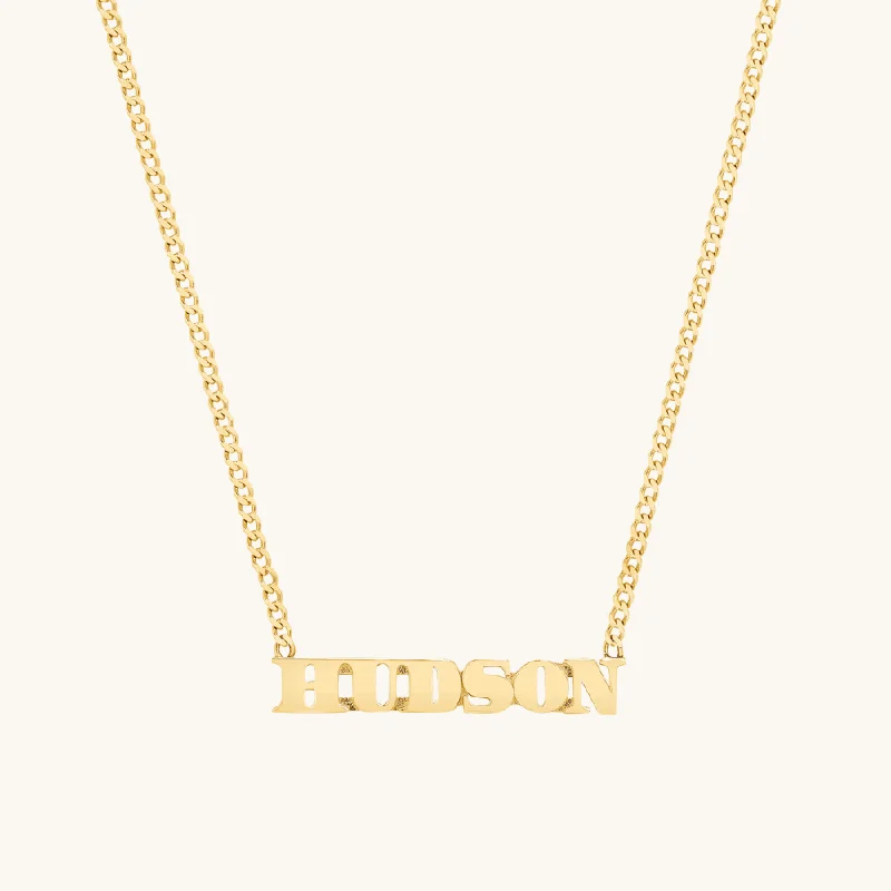 Women’s long necklaces-Small Block Name Necklace w/ Curb Chain