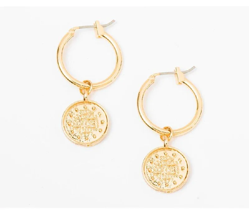 Women’s silver hoop earrings-Huggie Dangle Earrings with Gypsy Coin