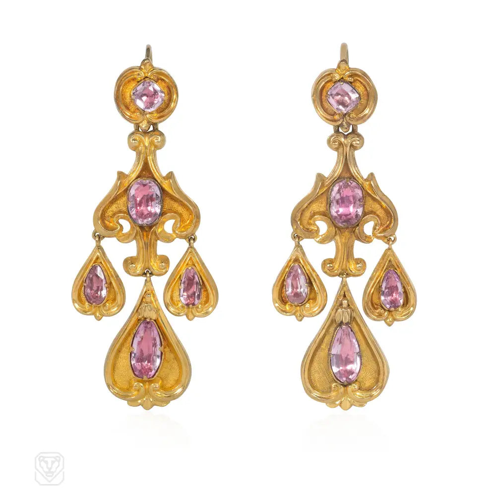 Women’s elegant earrings-Georgian gold and pink topaz girandole earrings