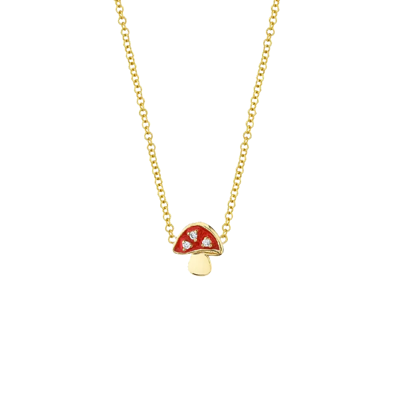 Women’s diamond heart-shaped necklaces-Enamel Charm Necklace - White Diamond and Mushroom / 14k Yellow Gold