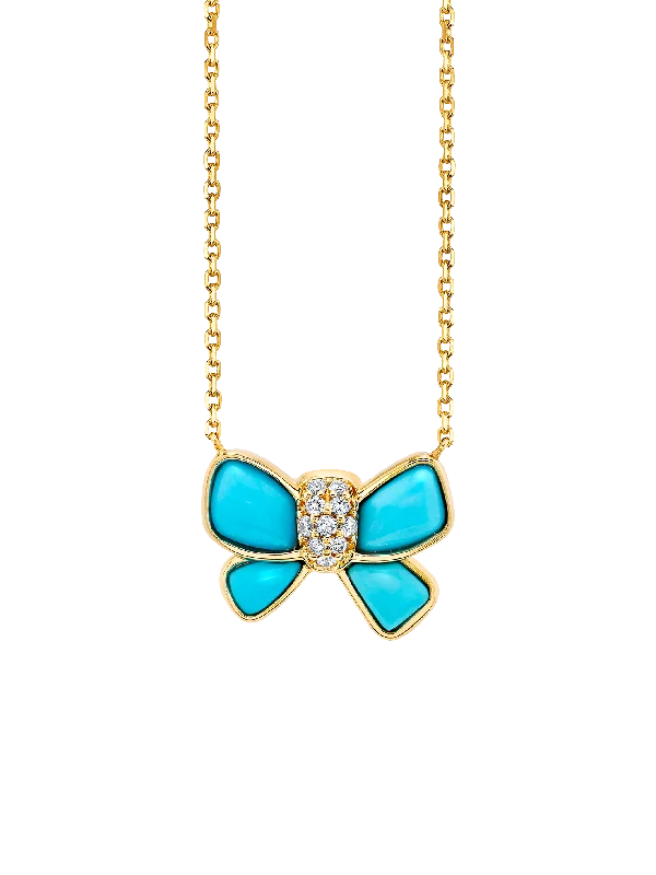 Women’s wedding pendant necklaces-Hand Carved Bow Necklace - White Diamond and Turquoise / 14k Yellow Gold