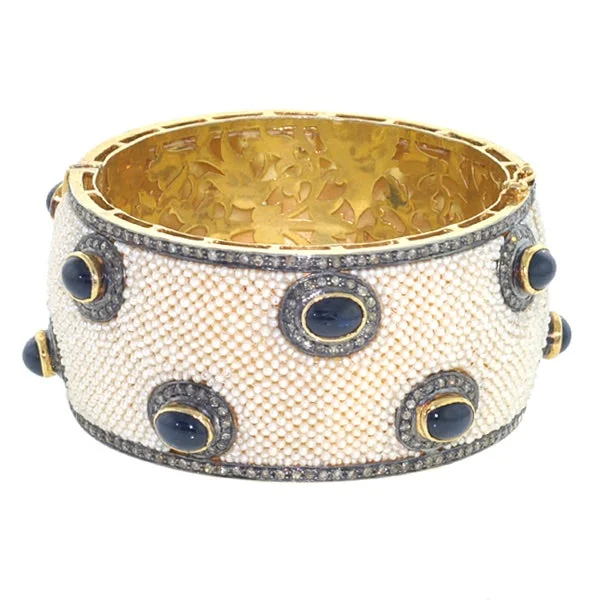 Women’s vintage silver bracelets-Pearl and Sapphire Sanju Bangle