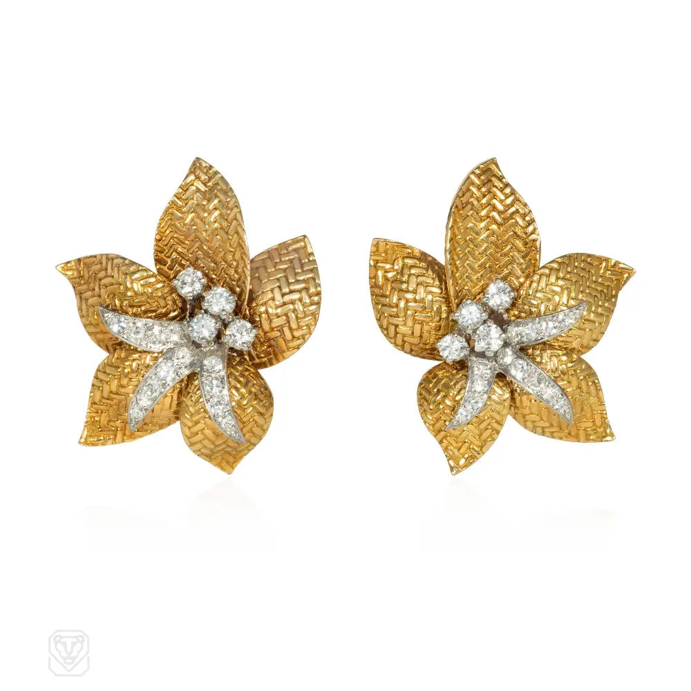 Women’s glamorous earrings-1950s Boucheron gold and diamond flower earrings