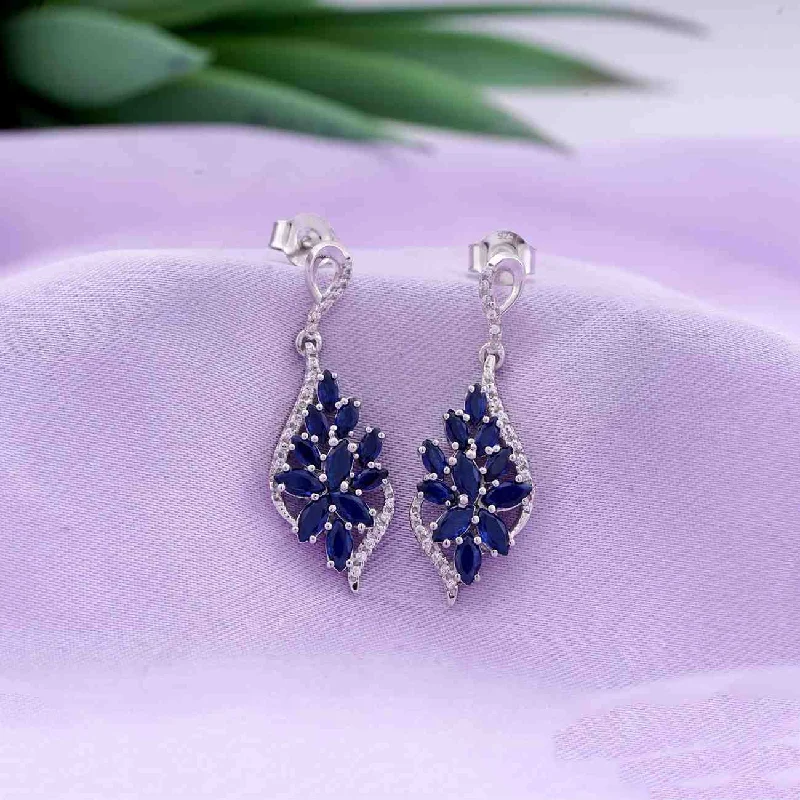 Women’s leaf drop earrings-Silver Sapphire Flower Swirl Drop Earrings