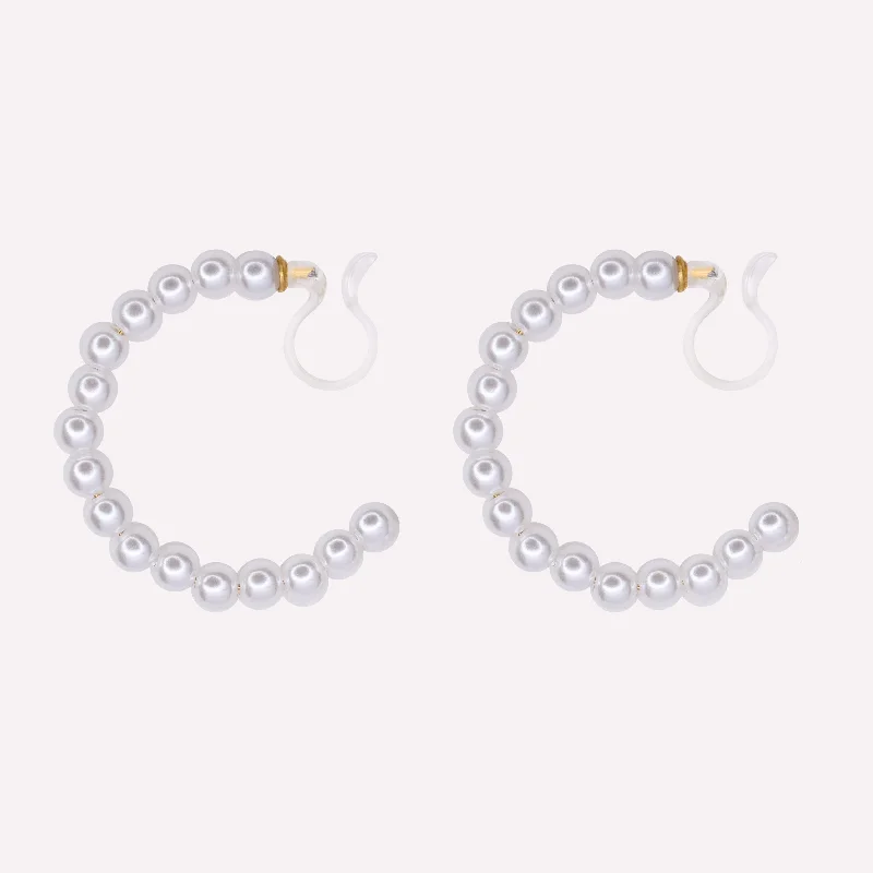 Women’s crystal hoop earrings-PEARL HOOP CLIP-ON EARRINGS IN GOLD