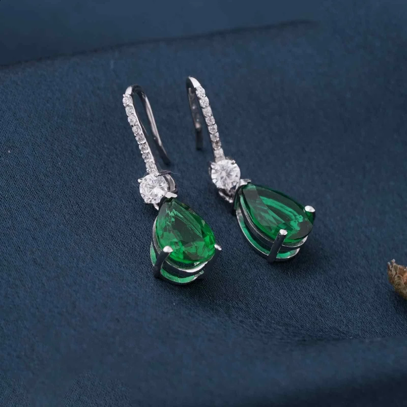 Women’s vintage crystal earrings-Silver Green Emerald Teardrop Earrings