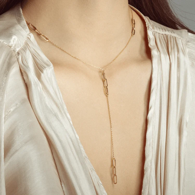 Women’s gold collar necklaces-Real Gold Paper Clip Rosary Dangler Long Necklace 7464 N1375