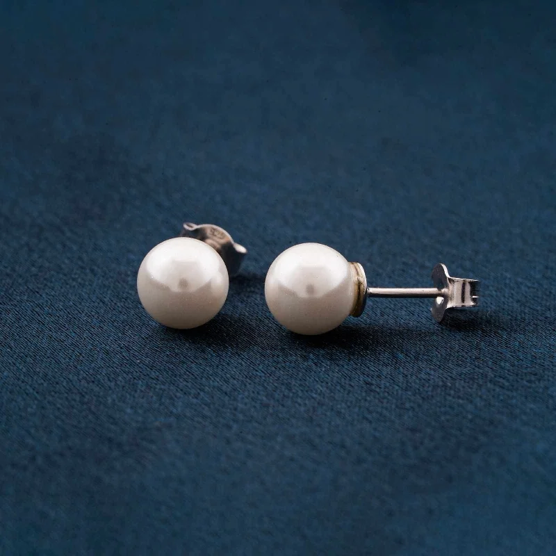 Women’s gold earrings-Silver Pearl Moon Stud Earrings