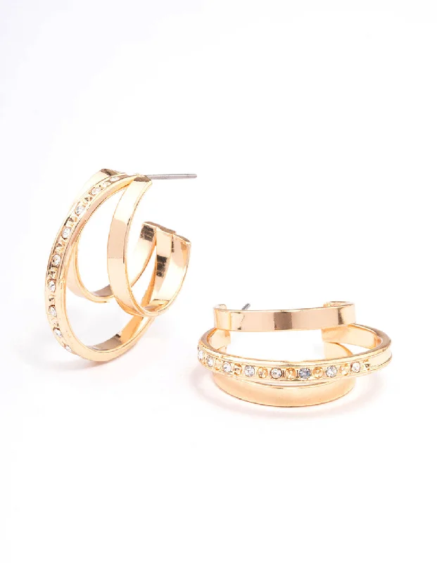 Women’s zirconia earrings-Gold Diamante & Plain Triple Hoop Earrings