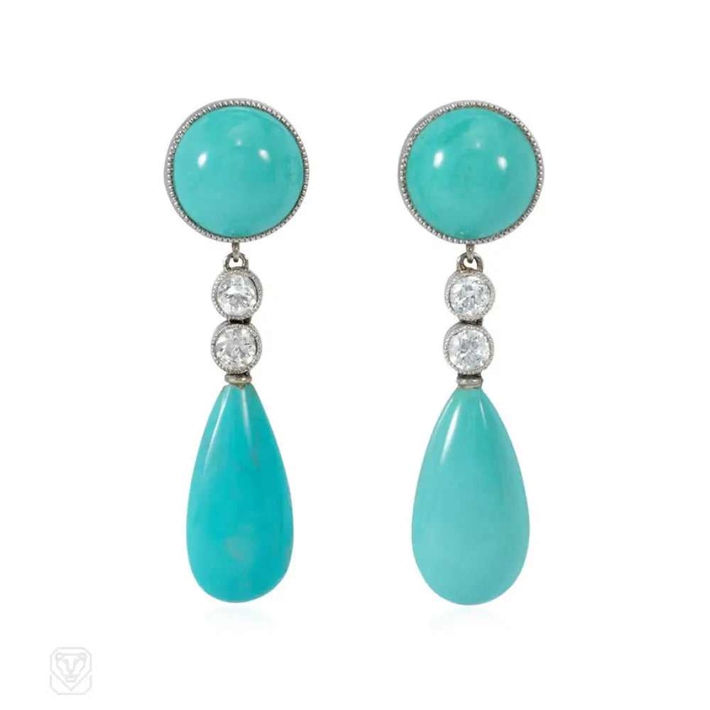 Women’s gemstone stud earrings-Art Deco turquoise and diamond earrings