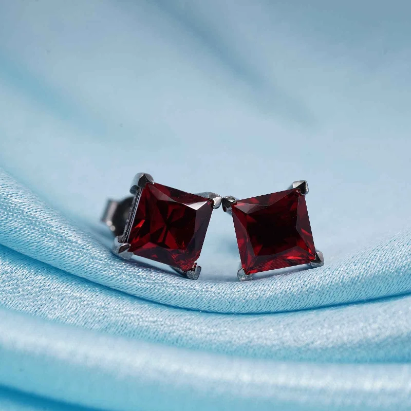 Women’s large statement earrings-Silver Square Red Garnet Stud Earrings