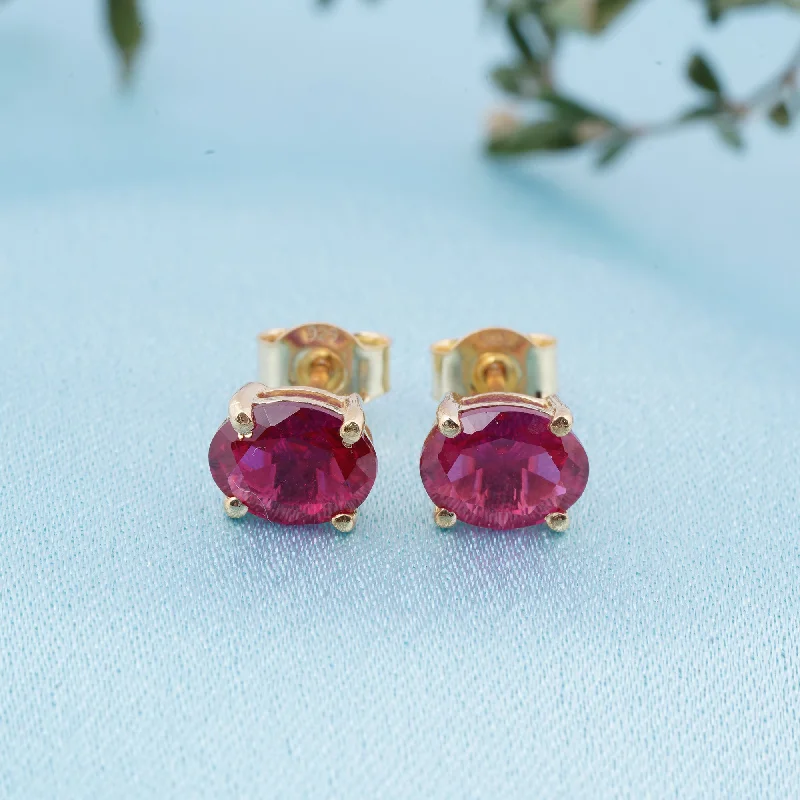 Women’s crystal earrings-Golden Ruby Oval Studs Earrings