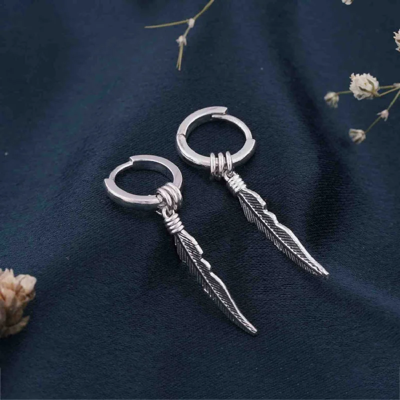 Women’s fashion earrings-Silver Mini Feather Men's Earrings