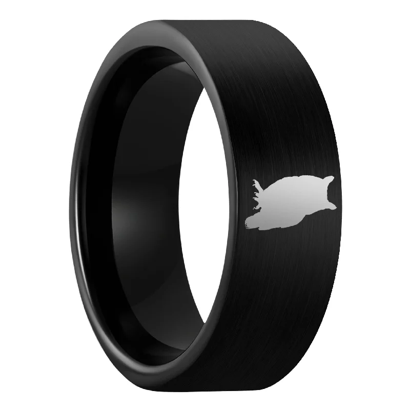 Women’s solitaire engagement rings-Owl Brushed Black Tungsten Men's Wedding Band