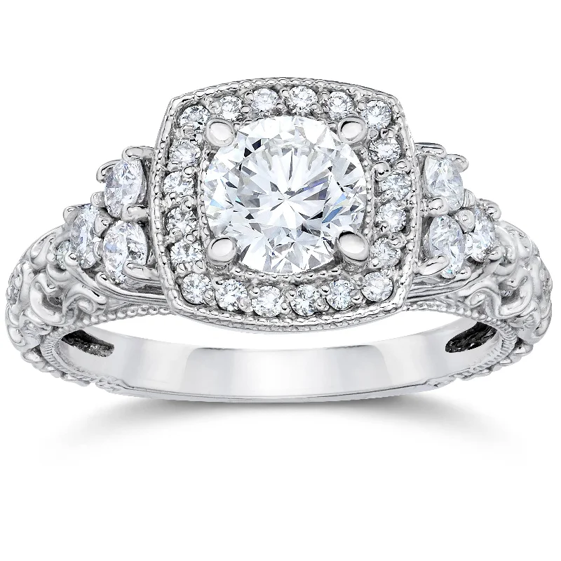 Women’s minimalistic diamond engagement rings-1CT Cushion Halo Round Diamond Vintage Engagement Ring 14K White Gold