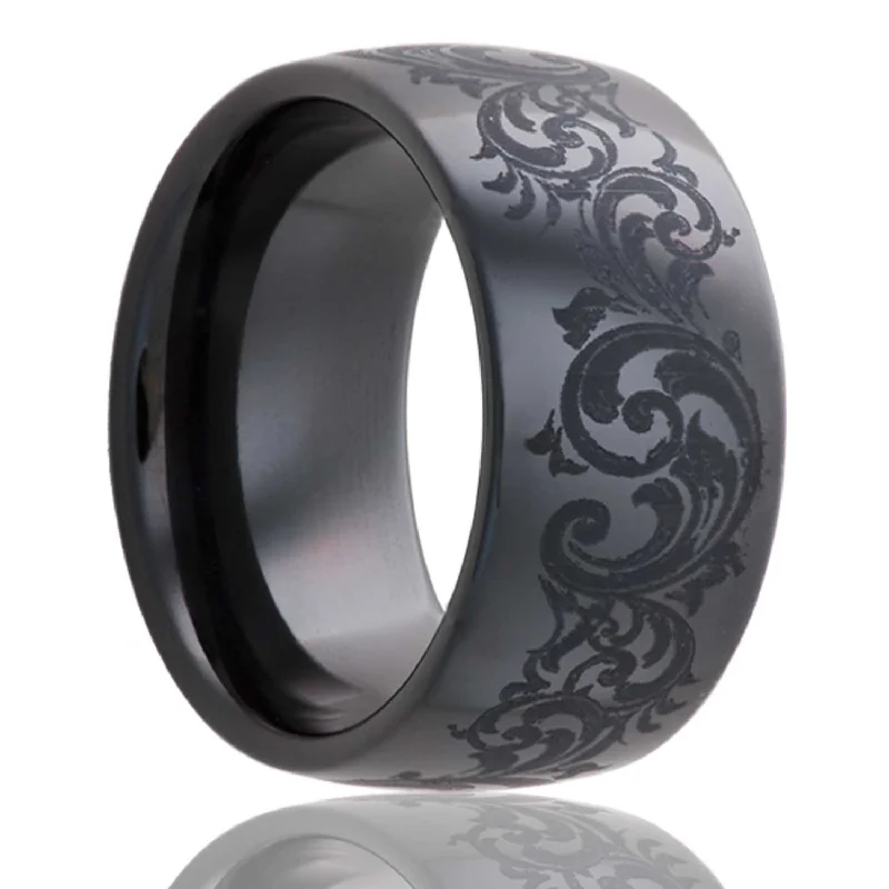 Women’s turquoise rings-Swirl Pattern Domed Black Ceramic Wedding Band