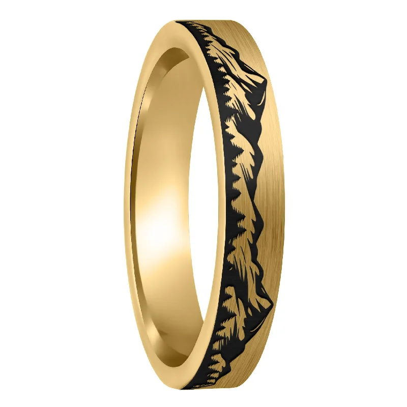 Women’s small rings-Mountain Range Forest Brushed Gold Tungsten Women's Wedding Band