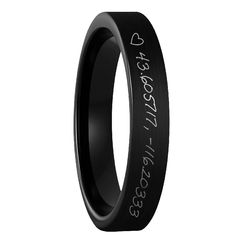 Women’s diamond halo rings-Custom Handwritten Coordinates Brushed Black Tungsten Women's Ring