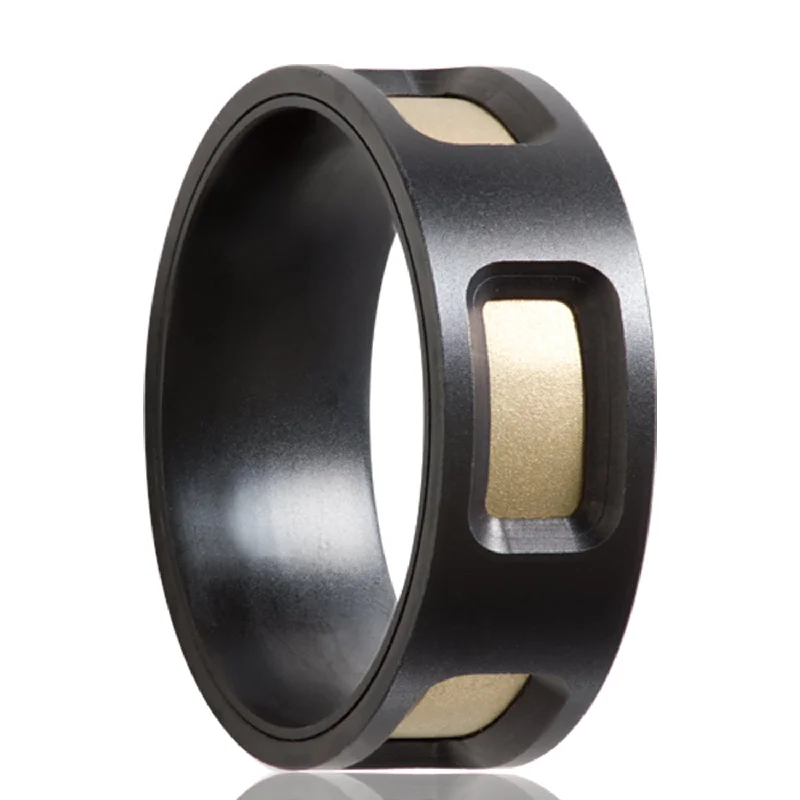 Unique women’s wedding rings-Zirconium Men's Men's Wedding Band with 14k Yellow Gold Inlays