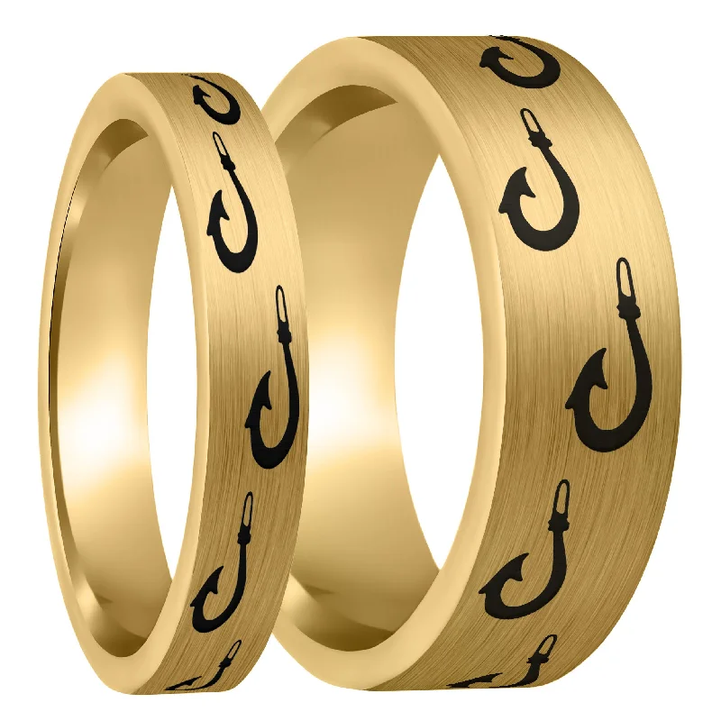 Women’s silver rings-Polynesian Fishing Hook Brushed Gold Tungsten Couple's Matching Wedding Band Set