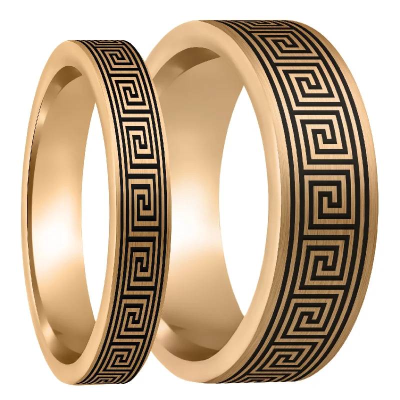 Women’s oval-shaped diamond rings-Greek Key Brushed Rose Gold Tungsten Couple's Matching Wedding Band Set