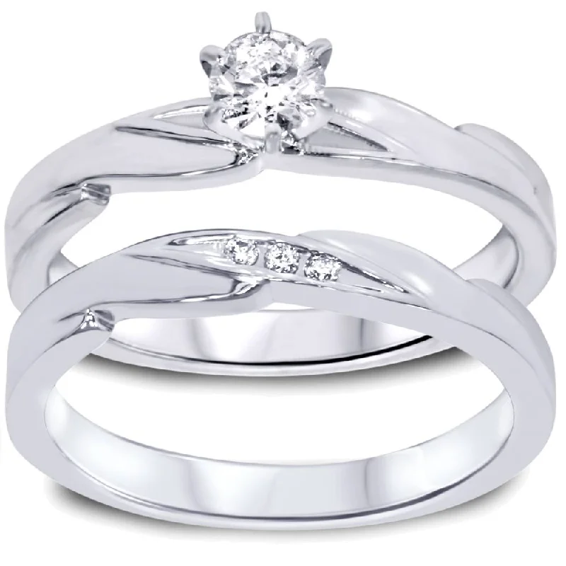 Women’s side stone engagement rings-1/4ct Diamond Engagement Wedding Ring Set 10K White Gold