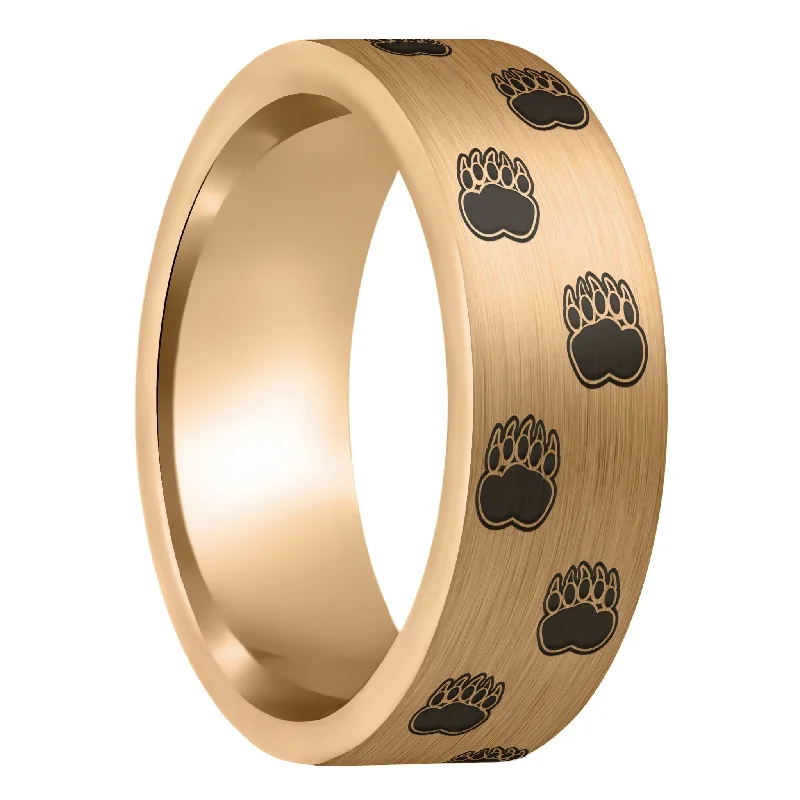 Simple rings for women-Bear Paw Print Brushed Rose Gold Tungsten Men's Ring