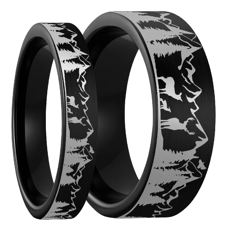 Affordable diamond rings for women-Deer Mountain Range Brushed Black Tungsten Couple's Matching Wedding Band Set