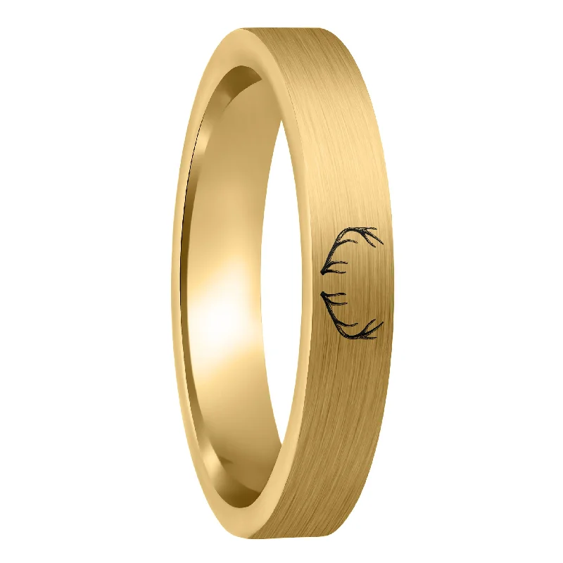 Women’s solitaire engagement rings-Antler Engraved Brushed Gold Tungsten Tungsten Women's Wedding Band