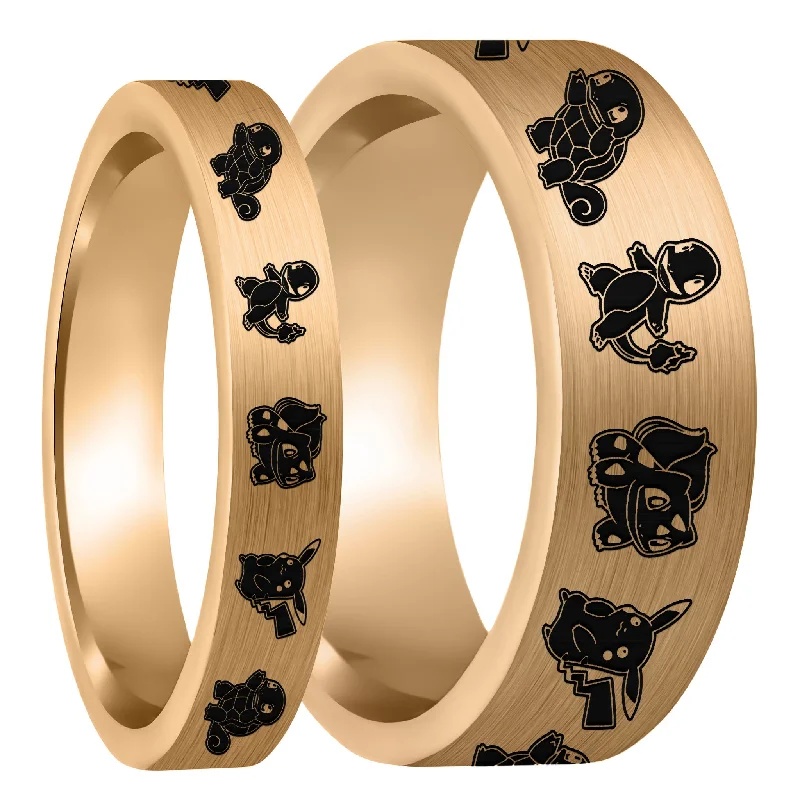 Women’s antique-style rings-Pokemon Brushed Rose Gold Tungsten Couple's Matching Wedding Band Set