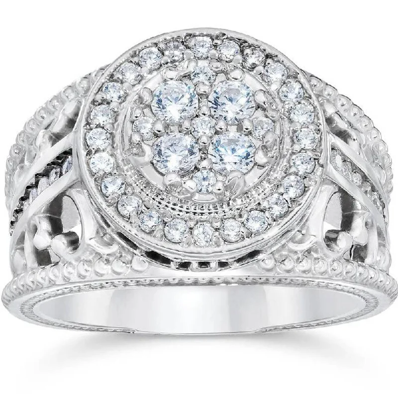 Women’s vintage-inspired engagement rings-1 Carat Vintage Halo Diamond Pave Engagement Ring 10K White Gold