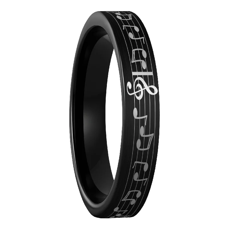 Women’s wedding band rings-Music Notes Brushed Black Tungsten Women's Wedding Band