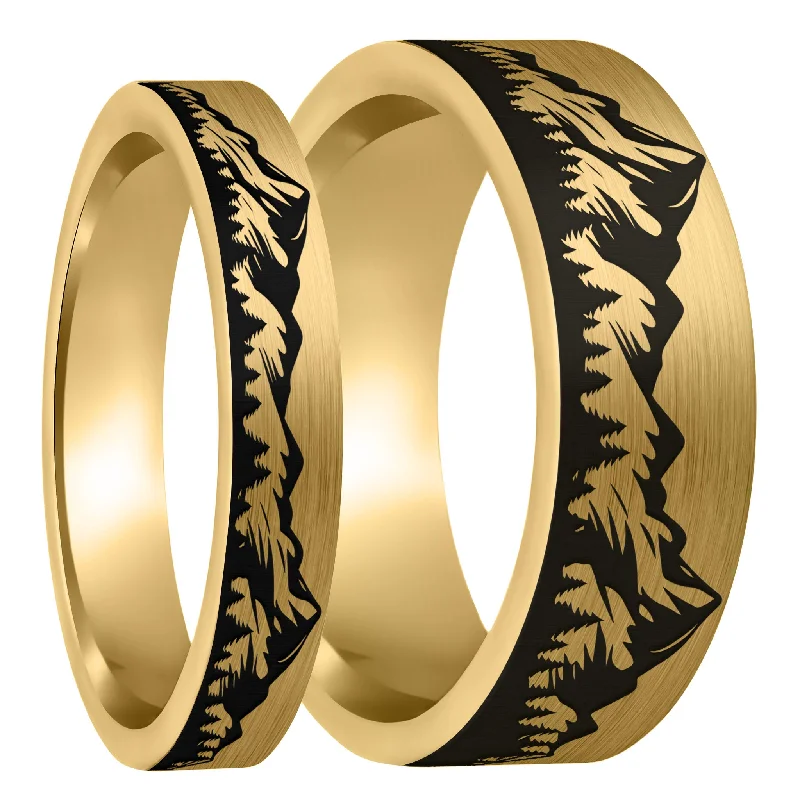 Women’s ring collections-Mountain Range Forest Brushed Gold Tungsten Couple's Matching Wedding Band Set