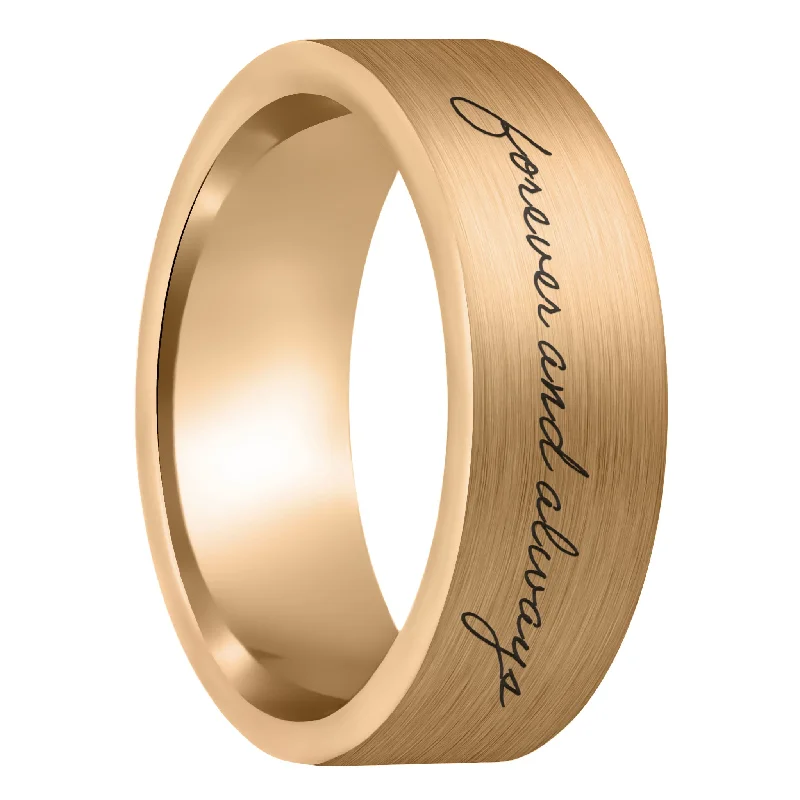 Women’s rings with diamonds and sapphires-Custom Handwriting Brushed Rose Gold Tungsten Men's Ring