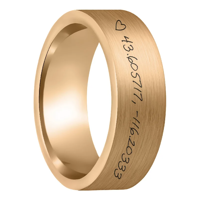 Women’s trendy stackable rings-Custom Handwritten Coordinates Brushed Rose Gold Tungsten Men's Ring