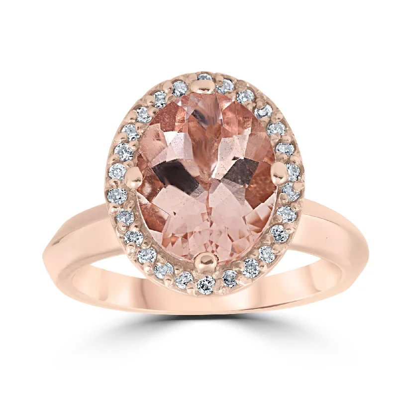 Women’s channel set engagement rings-2 1/10ct Oval Morganite Halo Vintage Diamond Engagement Ring 14k Rose Gold