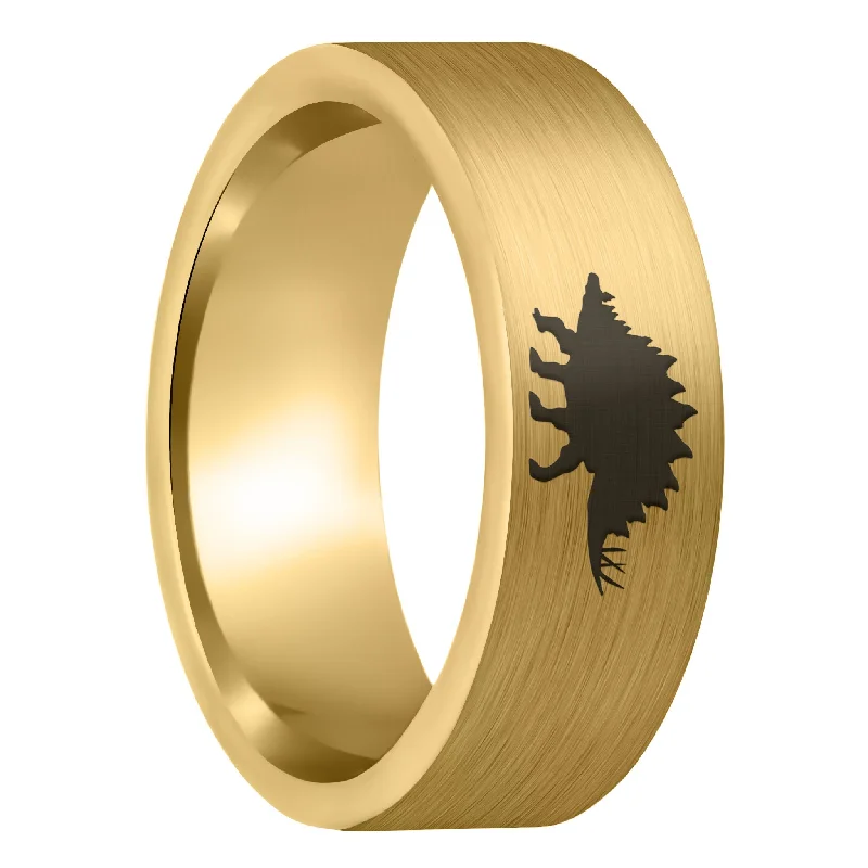 Designer rings for women-Stegosaurus Dinosaur Brushed Gold Tungsten Men's Wedding Band