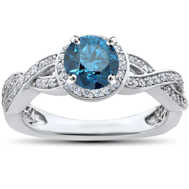 Women’s cushion-cut diamond engagement rings-3/4ct Pave Halo Blue Diamond Engagement Ring 14K White Gold