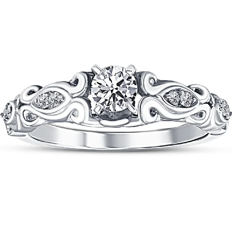 Women’s affordable engagement rings-1/2ct Vintage Diamond Engagement Ring 14K White Gold