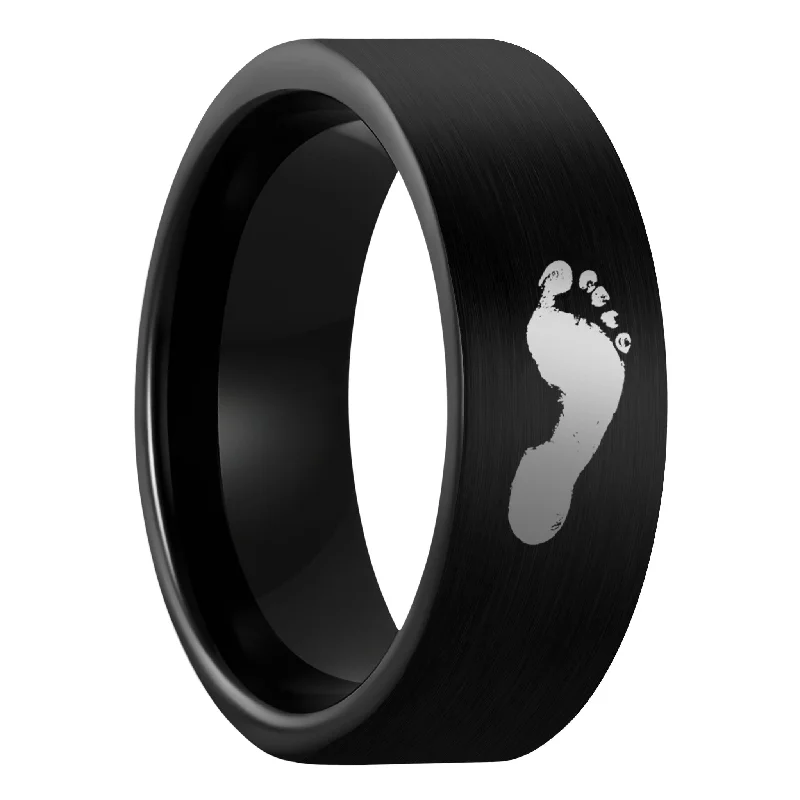 Custom engagement rings for women-Custom Footprint Brushed Black Tungsten Men's Ring