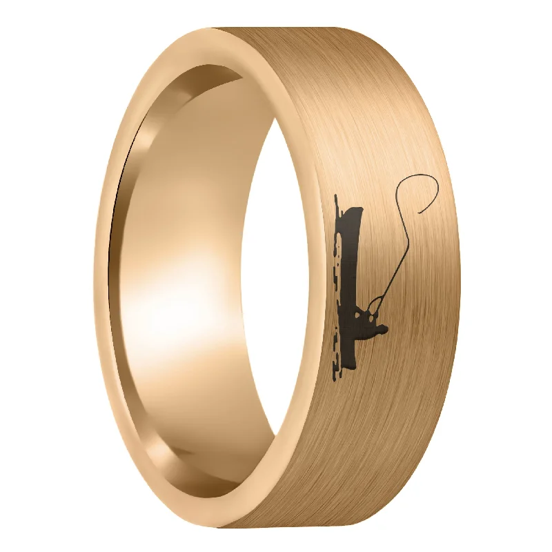 Women’s rings with ruby gemstones-Fisherman Boat Scene Brushed Rose Gold Tungsten Men's Wedding Band