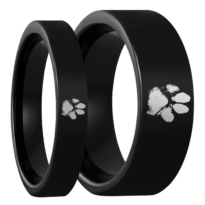 Women’s ring sets-Custom Paw Print Black Tungsten Couple's Matching Ring Set