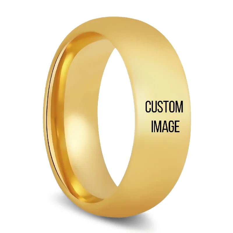 Women’s personalized name rings-Custom Image Engraved Gold Tungsten Ring